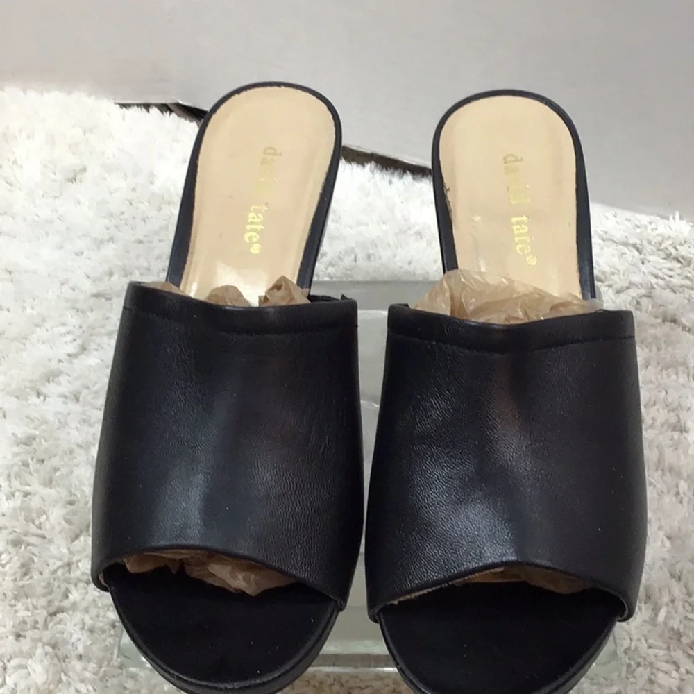 David Tate black leather wedge slides 9W